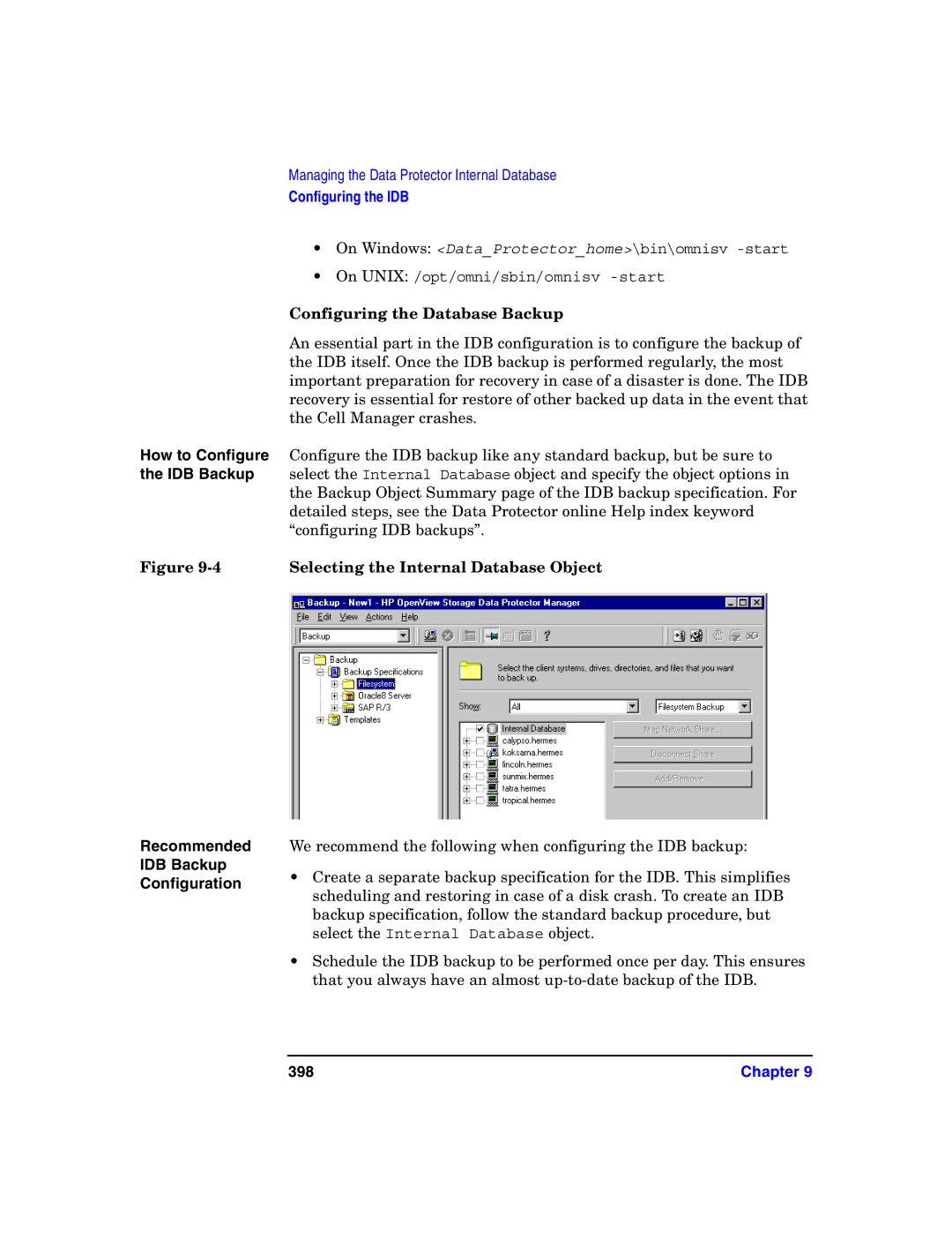 HP B6960-90078 manual Configuring the Database Backup, Recommended IDB Backup Configuration, 398 
