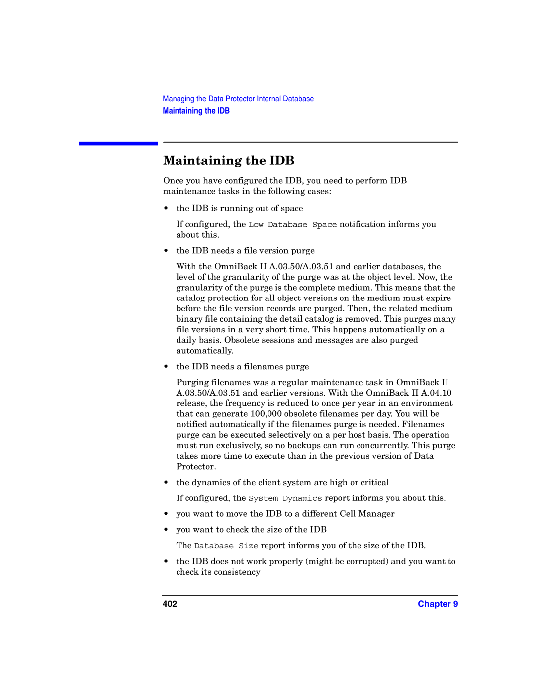 HP B6960-90078 manual Maintaining the IDB, 402 