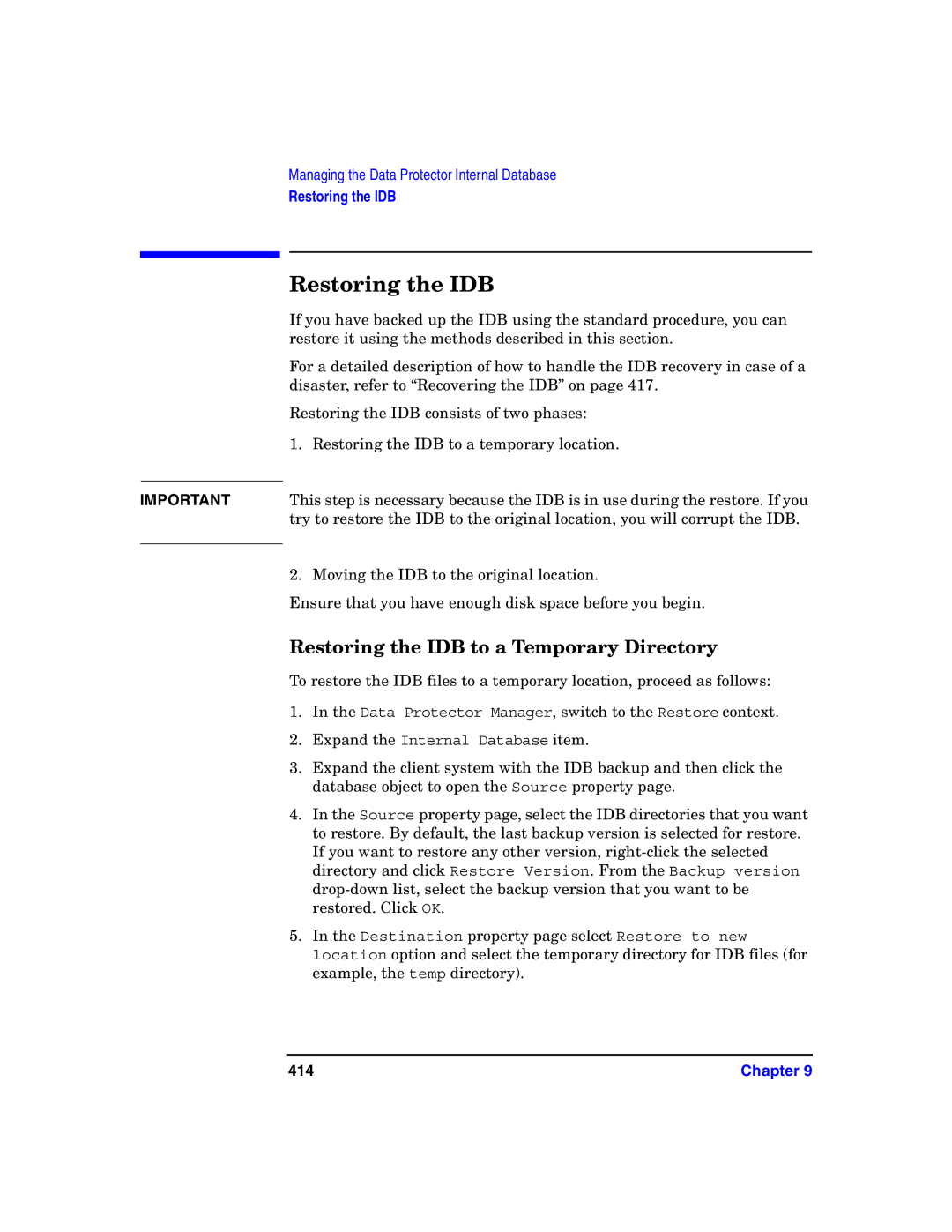 HP B6960-90078 manual Restoring the IDB to a Temporary Directory, 414 