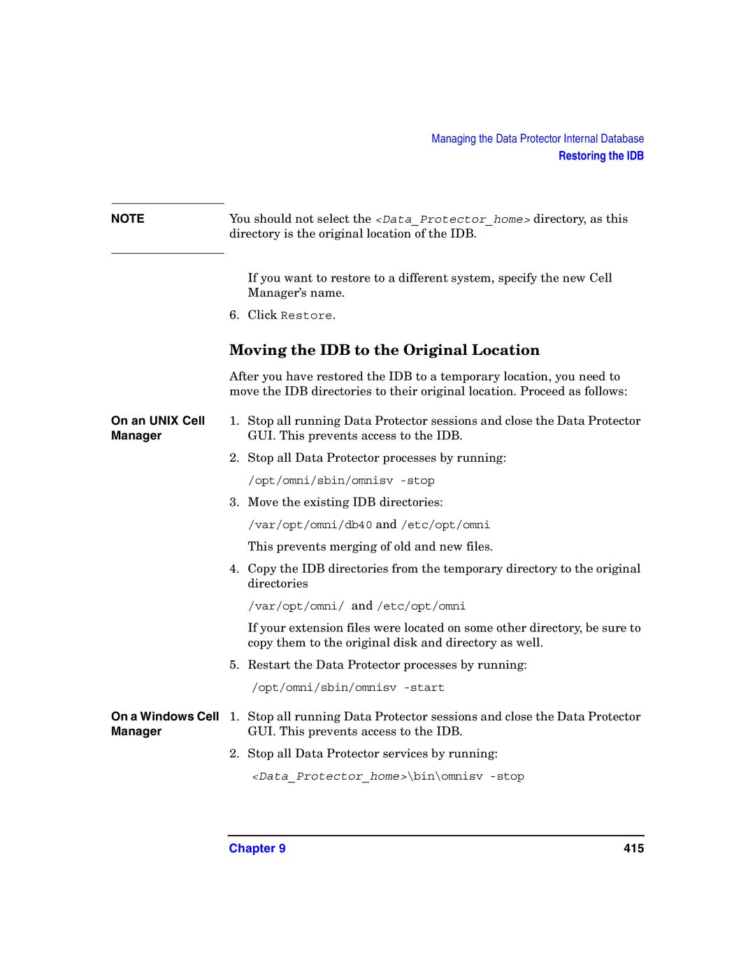 HP B6960-90078 manual Moving the IDB to the Original Location, On an Unix Cell, Manager 