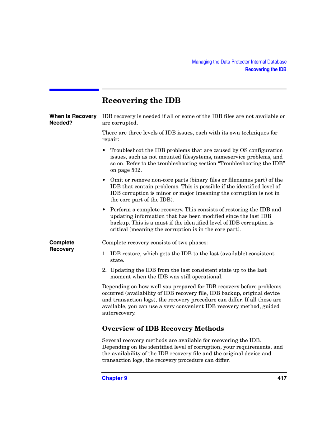 HP B6960-90078 manual Recovering the IDB, Overview of IDB Recovery Methods 