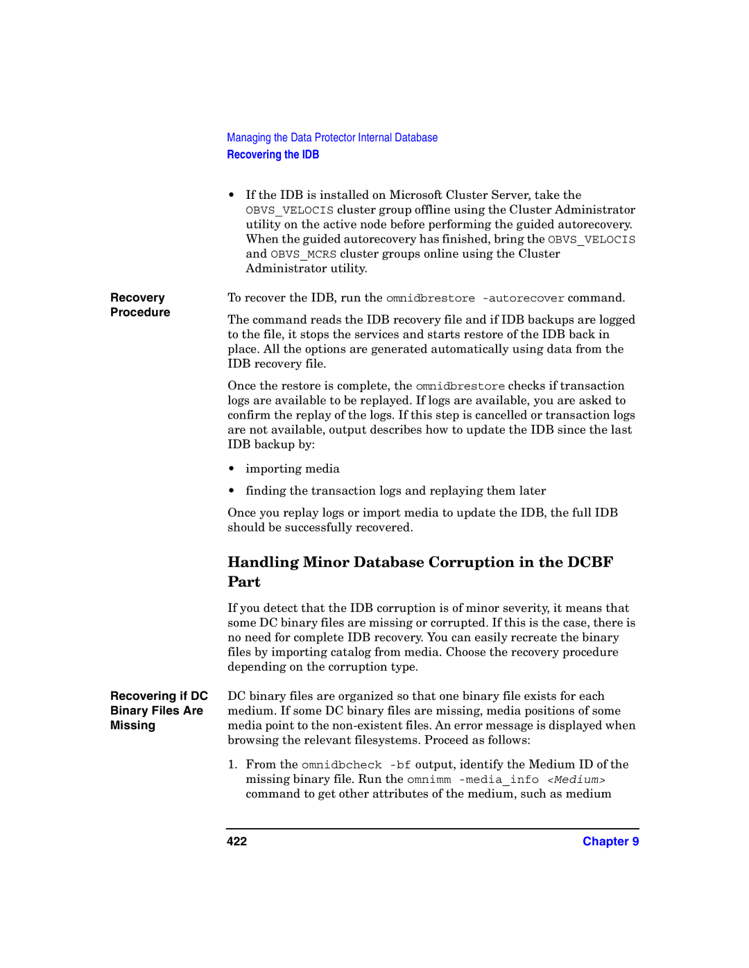 HP B6960-90078 manual Handling Minor Database Corruption in the Dcbf Part, Recovery Procedure, 422 