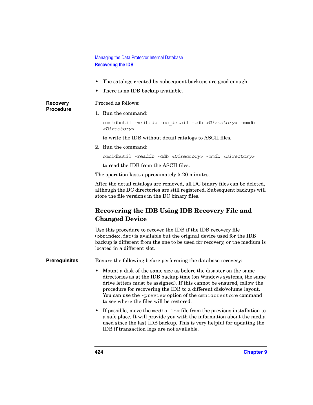 HP B6960-90078 manual Recovering the IDB Using IDB Recovery File Changed Device, 424 