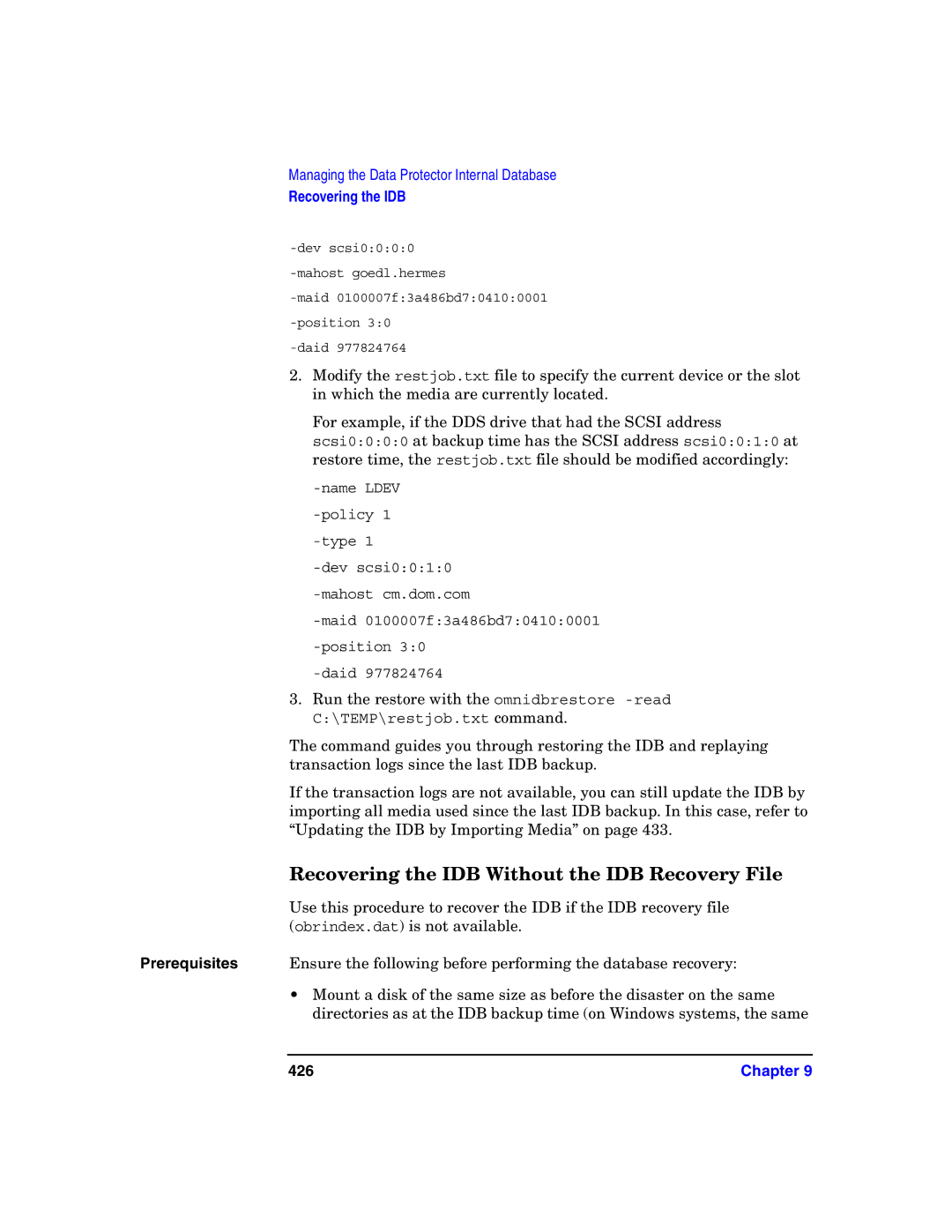 HP B6960-90078 manual Recovering the IDB Without the IDB Recovery File, 426 