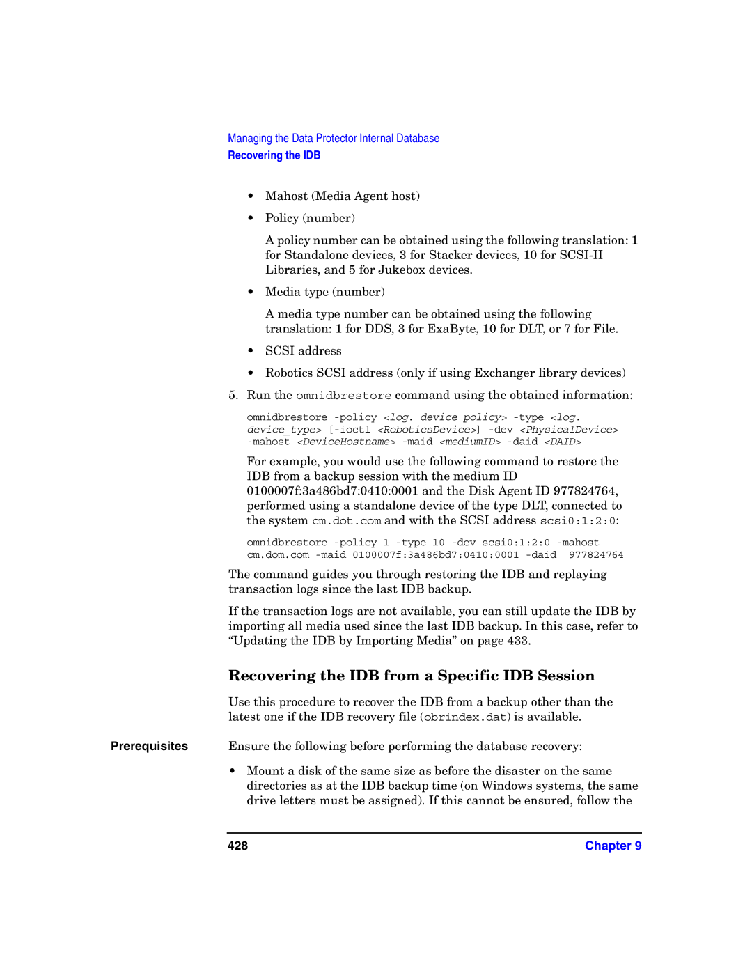 HP B6960-90078 manual Recovering the IDB from a Specific IDB Session, 428 