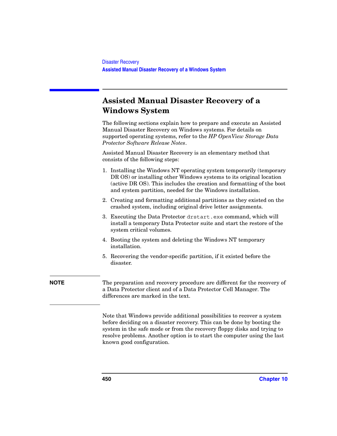 HP B6960-90078 manual Assisted Manual Disaster Recovery of a Windows System, 450 