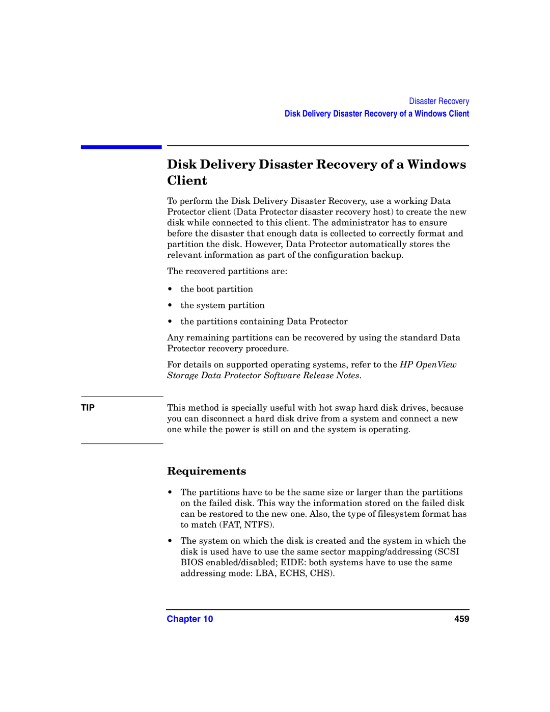 HP B6960-90078 manual Disk Delivery Disaster Recovery of a Windows Client, Requirements 