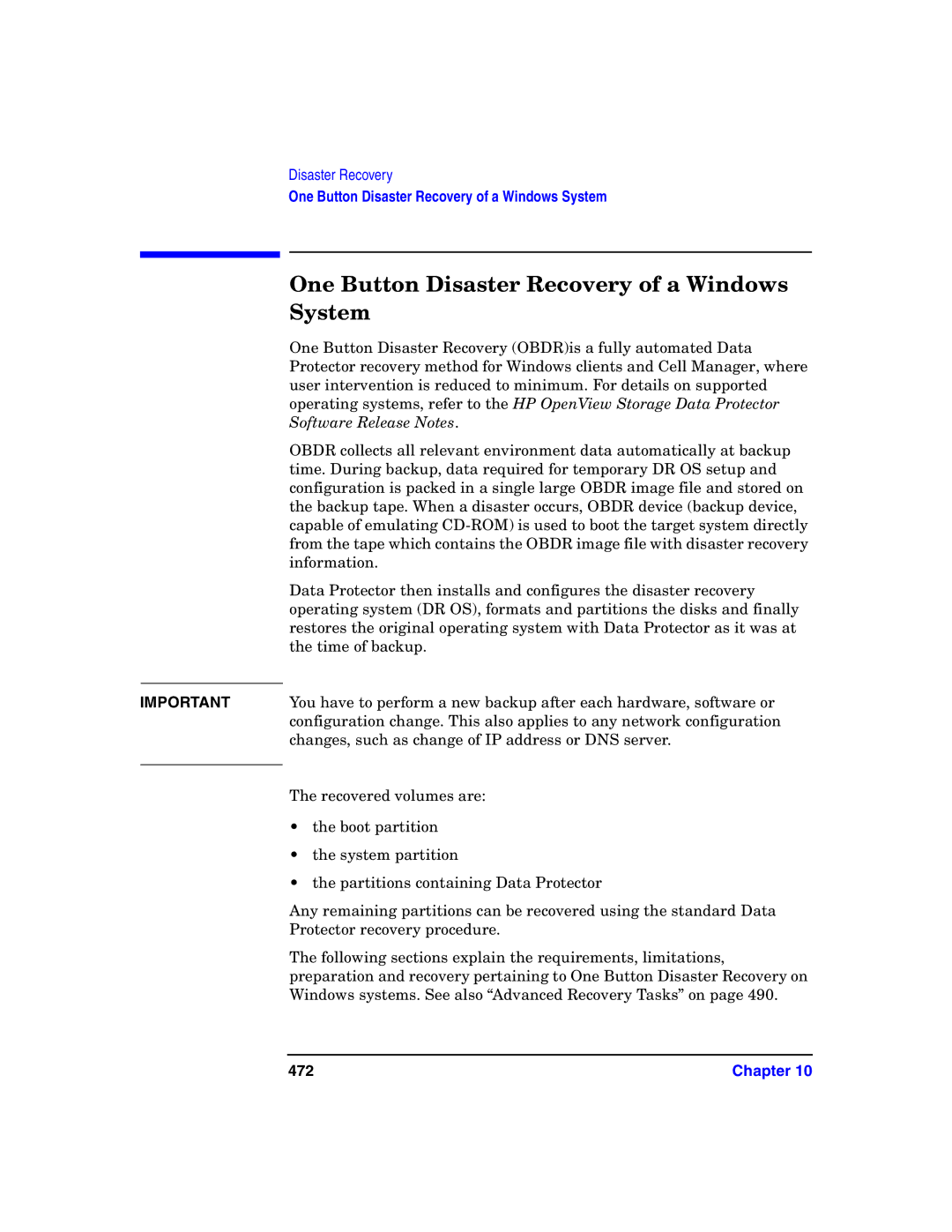 HP B6960-90078 manual One Button Disaster Recovery of a Windows System, 472 