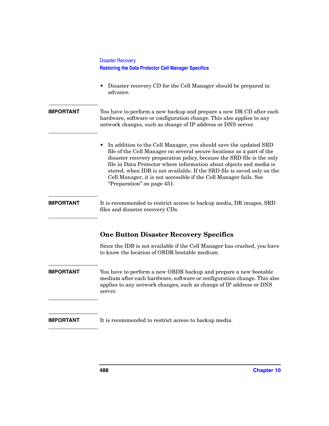 HP B6960-90078 manual One Button Disaster Recovery Specifics, 488 