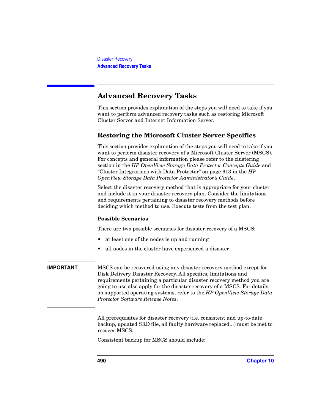 HP B6960-90078 manual Advanced Recovery Tasks, Restoring the Microsoft Cluster Server Specifics, Possible Scenarios, 490 