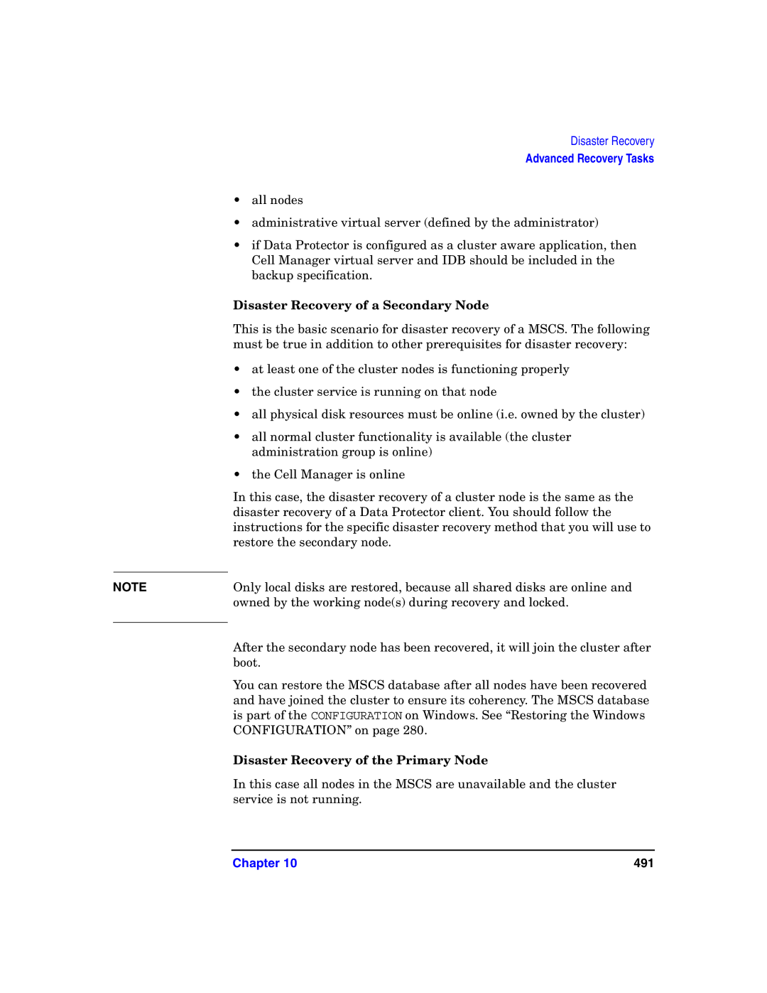 HP B6960-90078 manual Disaster Recovery of a Secondary Node, Disaster Recovery of the Primary Node 