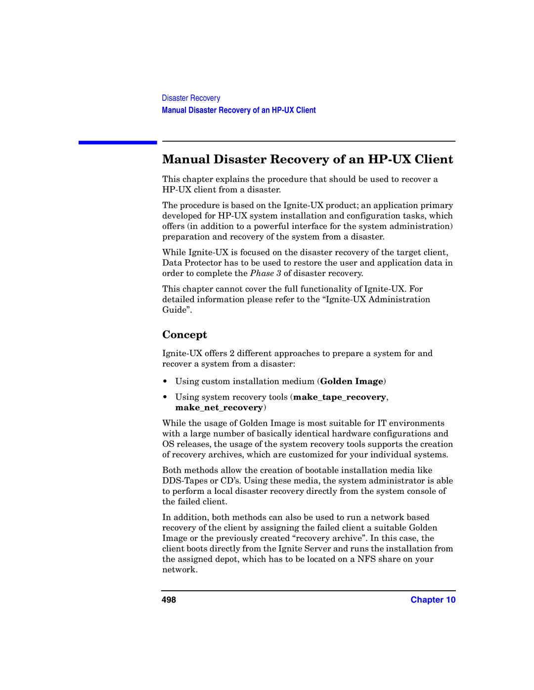 HP B6960-90078 manual Manual Disaster Recovery of an HP-UX Client, Concept, 498 