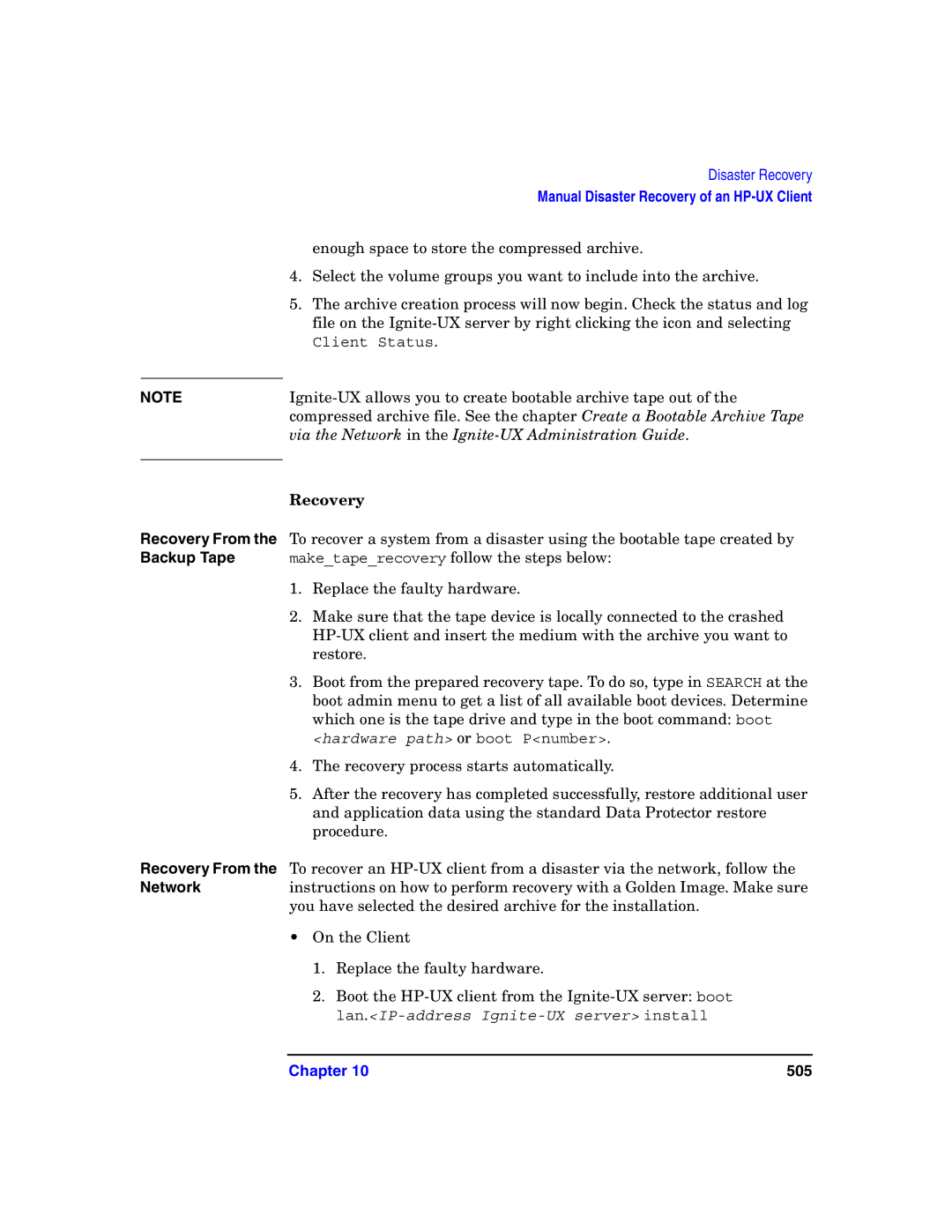 HP B6960-90078 manual Via the Network in the Ignite-UX Administration Guide, Recovery 