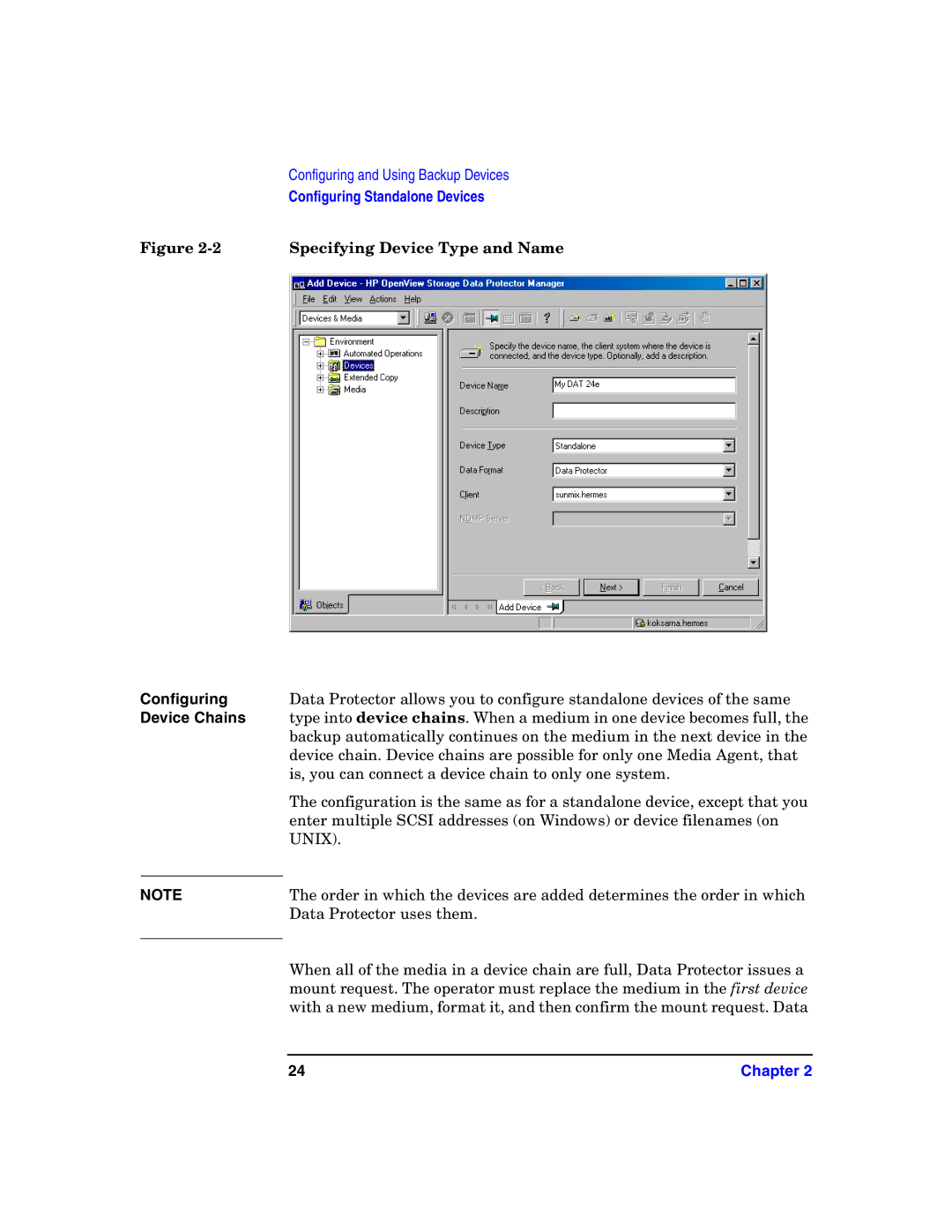 HP B6960-90078 manual Specifying Device Type and Name, Configuring, Device Chains 