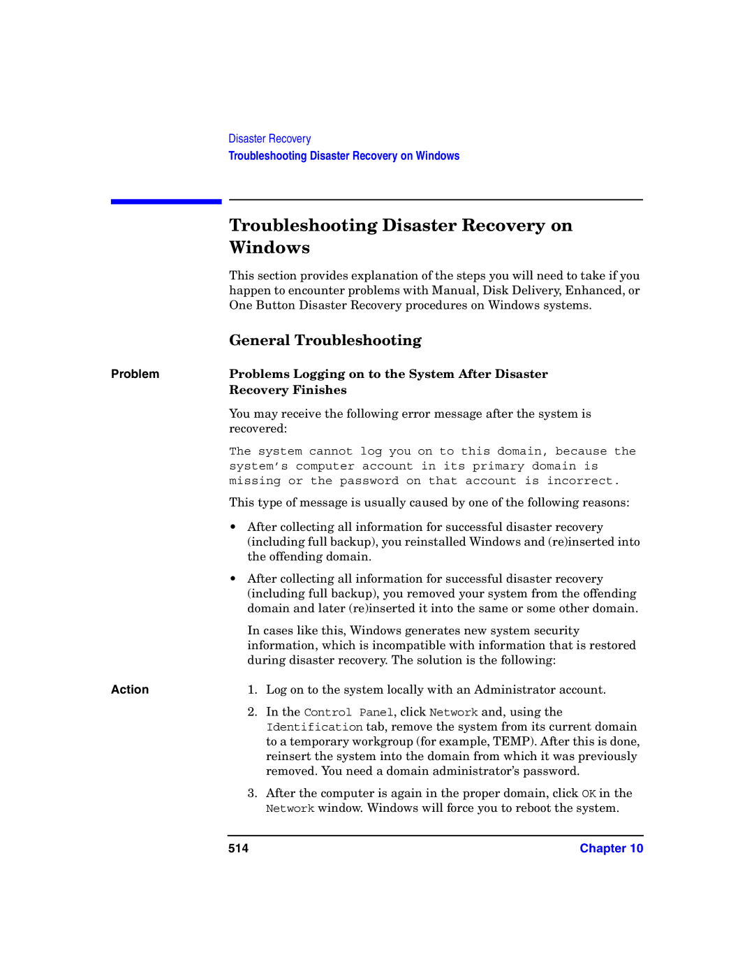 HP B6960-90078 manual Troubleshooting Disaster Recovery on, Windows, General Troubleshooting 