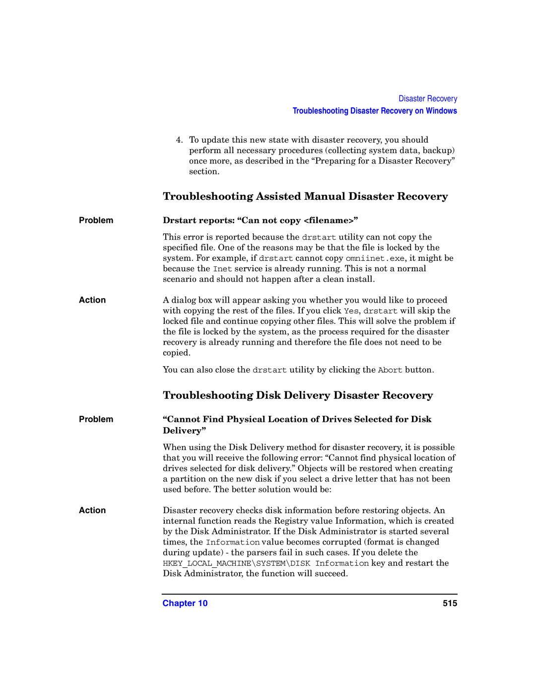 HP B6960-90078 manual Troubleshooting Assisted Manual Disaster Recovery, Troubleshooting Disk Delivery Disaster Recovery 