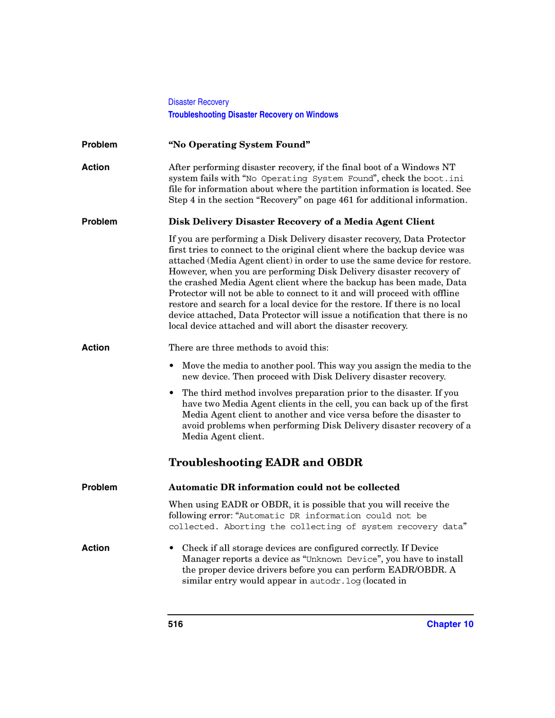 HP B6960-90078 Troubleshooting Eadr and Obdr, No Operating System Found, Automatic DR information could not be collected 