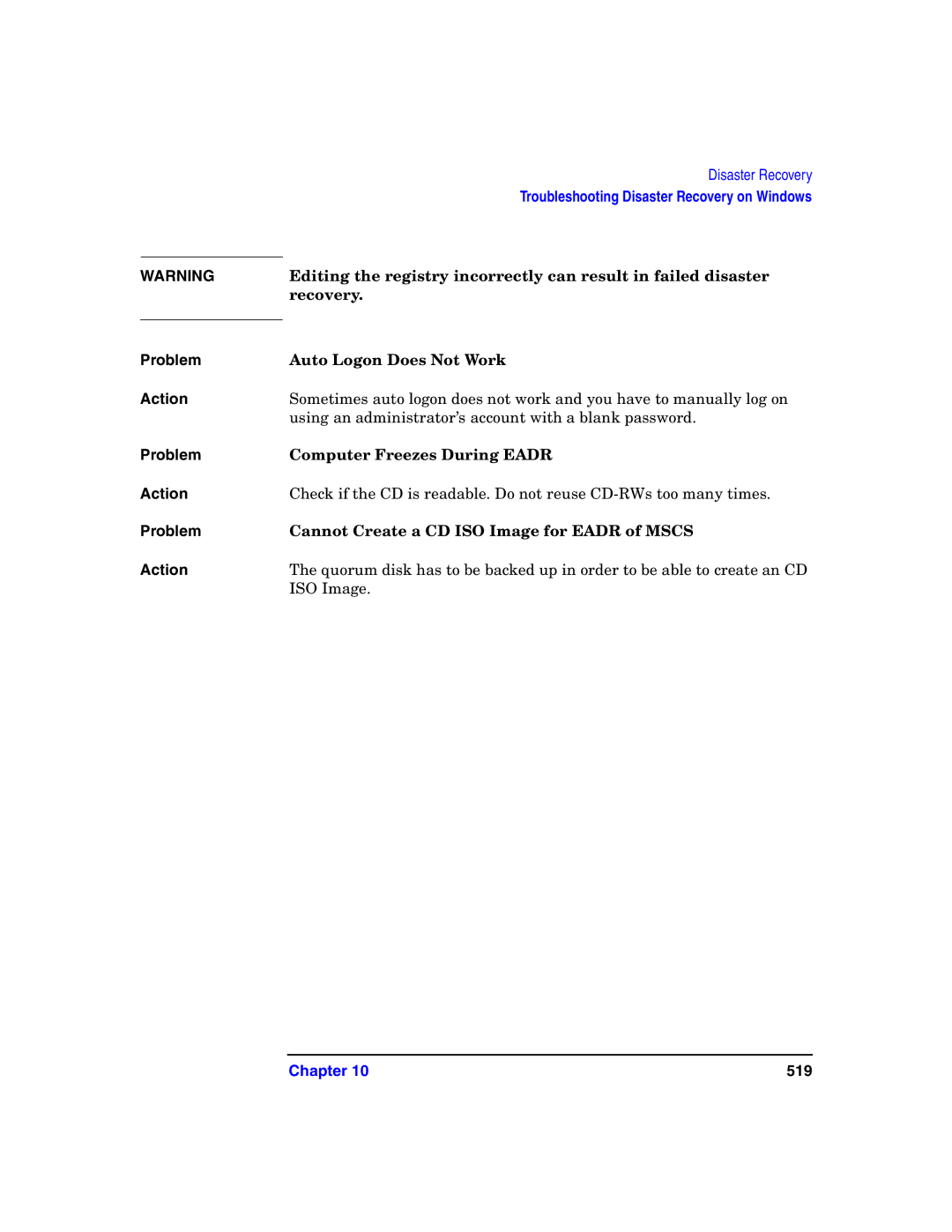 HP B6960-90078 manual Auto Logon Does Not Work, Computer Freezes During Eadr, Cannot Create a CD ISO Image for Eadr of Mscs 