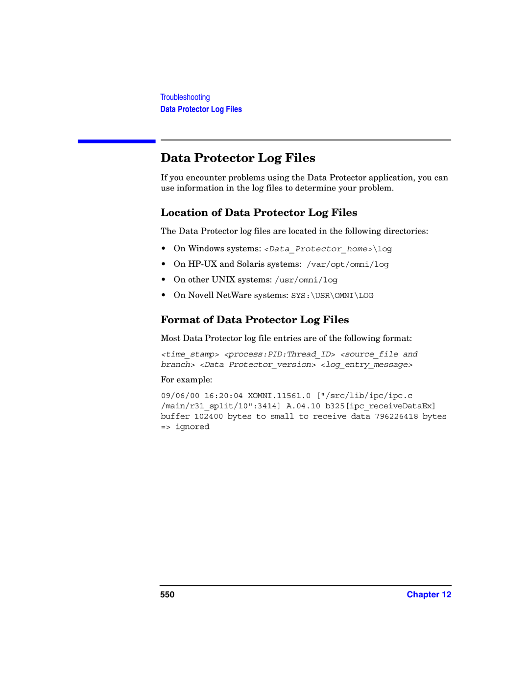 HP B6960-90078 manual Location of Data Protector Log Files, Format of Data Protector Log Files, 550 