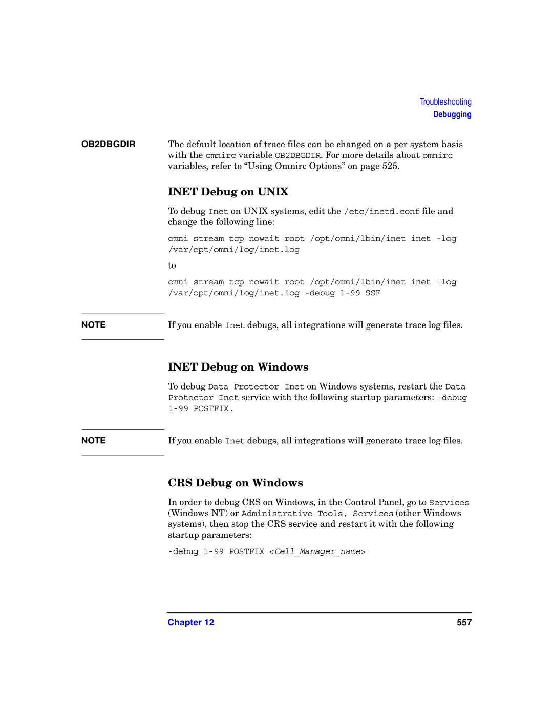 HP B6960-90078 manual Inet Debug on Unix, Inet Debug on Windows, CRS Debug on Windows 