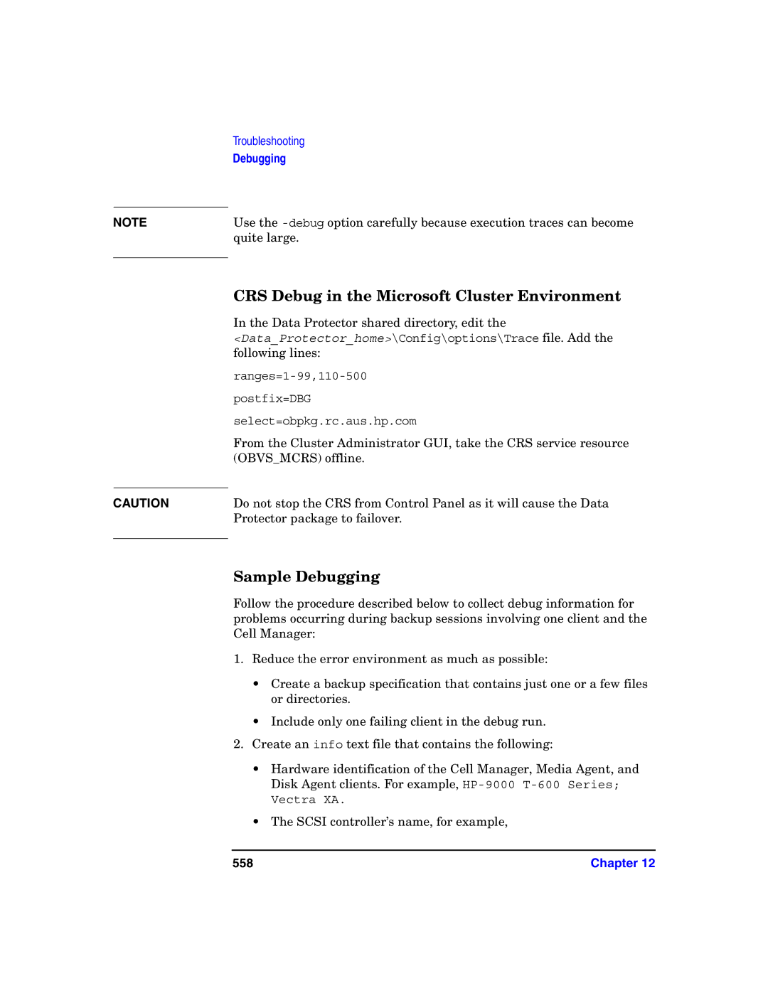 HP B6960-90078 manual CRS Debug in the Microsoft Cluster Environment, Sample Debugging, 558 