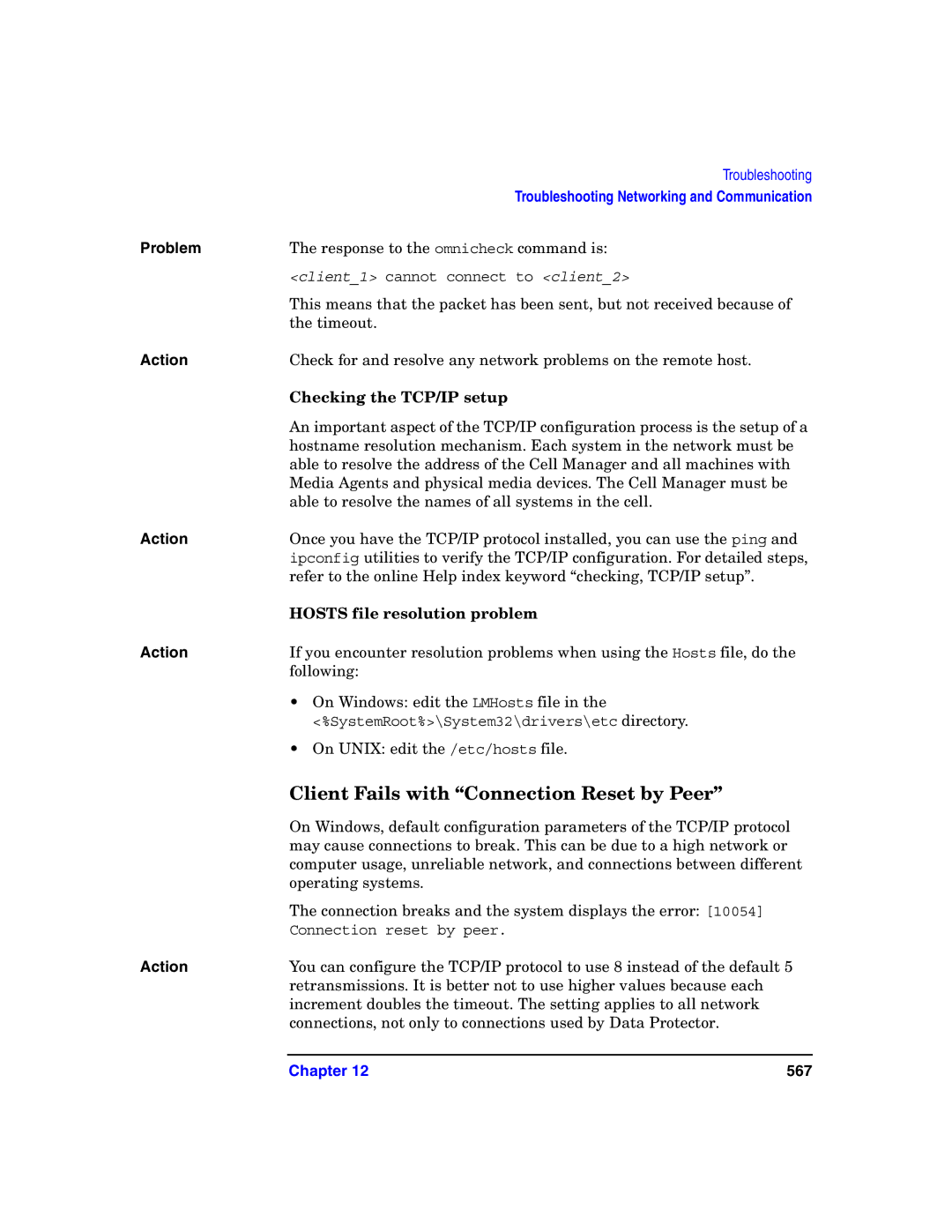 HP B6960-90078 manual Client Fails with Connection Reset by Peer, Checking the TCP/IP setup, Hosts file resolution problem 