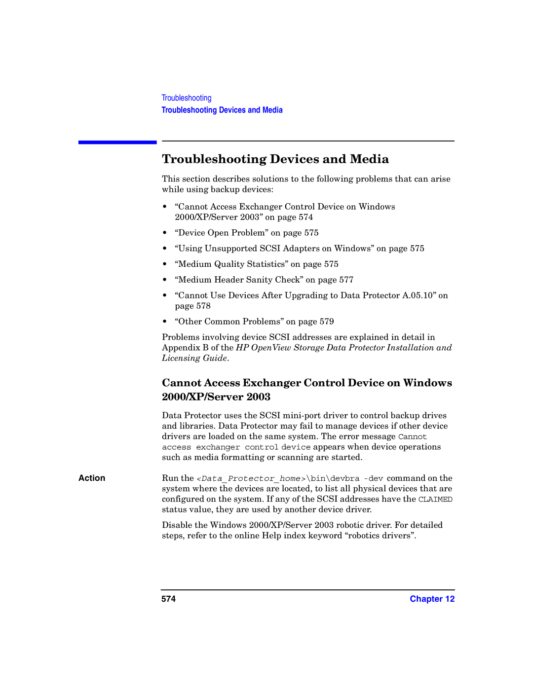 HP B6960-90078 Troubleshooting Devices and Media, Cannot Access Exchanger Control Device on Windows, 2000/XP/Server, 574 