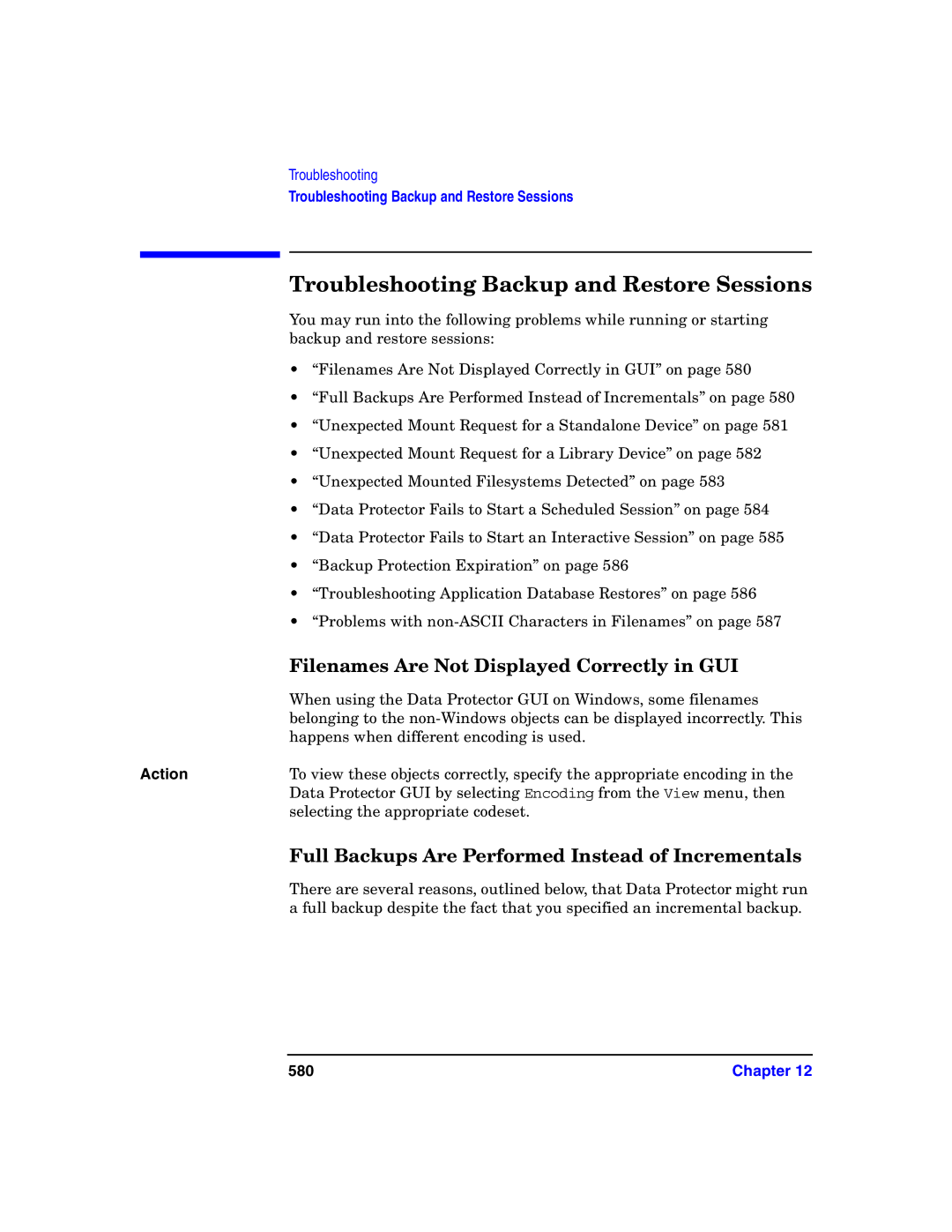 HP B6960-90078 manual Troubleshooting Backup and Restore Sessions, Filenames Are Not Displayed Correctly in GUI, 580 
