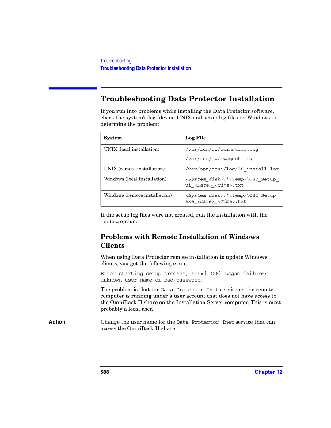 HP B6960-90078 Troubleshooting Data Protector Installation, Problems with Remote Installation of Windows, Clients, 588 