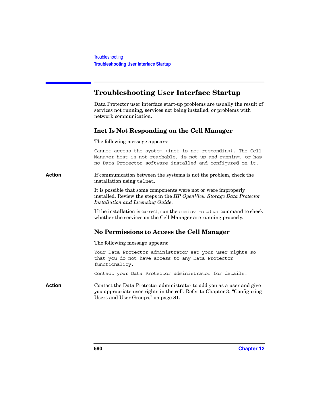 HP B6960-90078 manual Troubleshooting User Interface Startup, Inet Is Not Responding on the Cell Manager, 590 