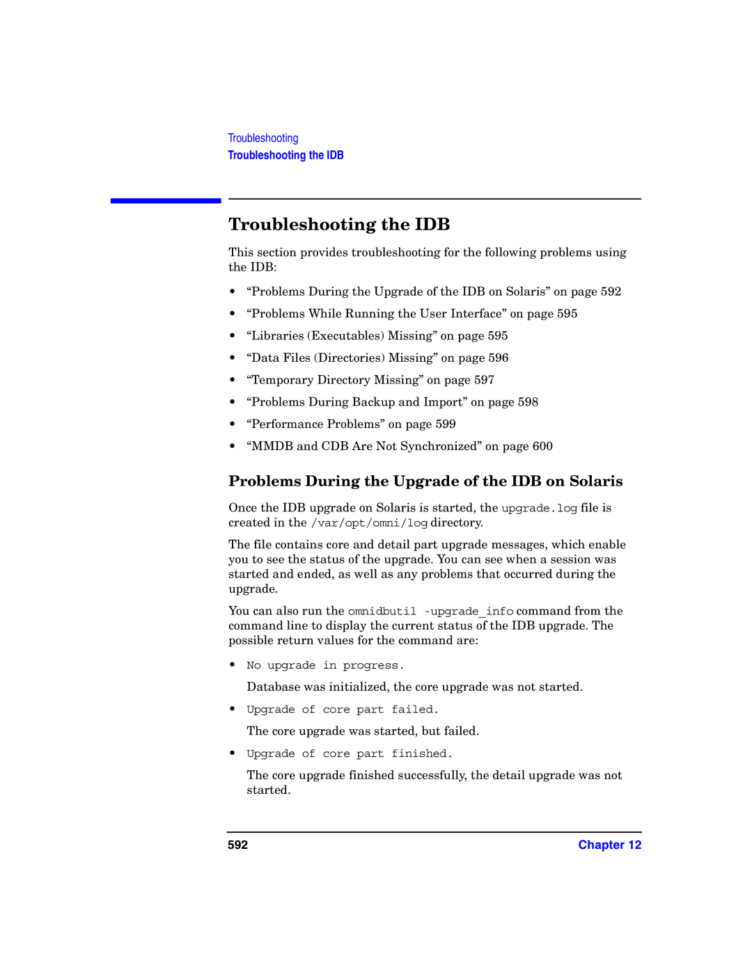 HP B6960-90078 manual Troubleshooting the IDB, Problems During the Upgrade of the IDB on Solaris, 592 