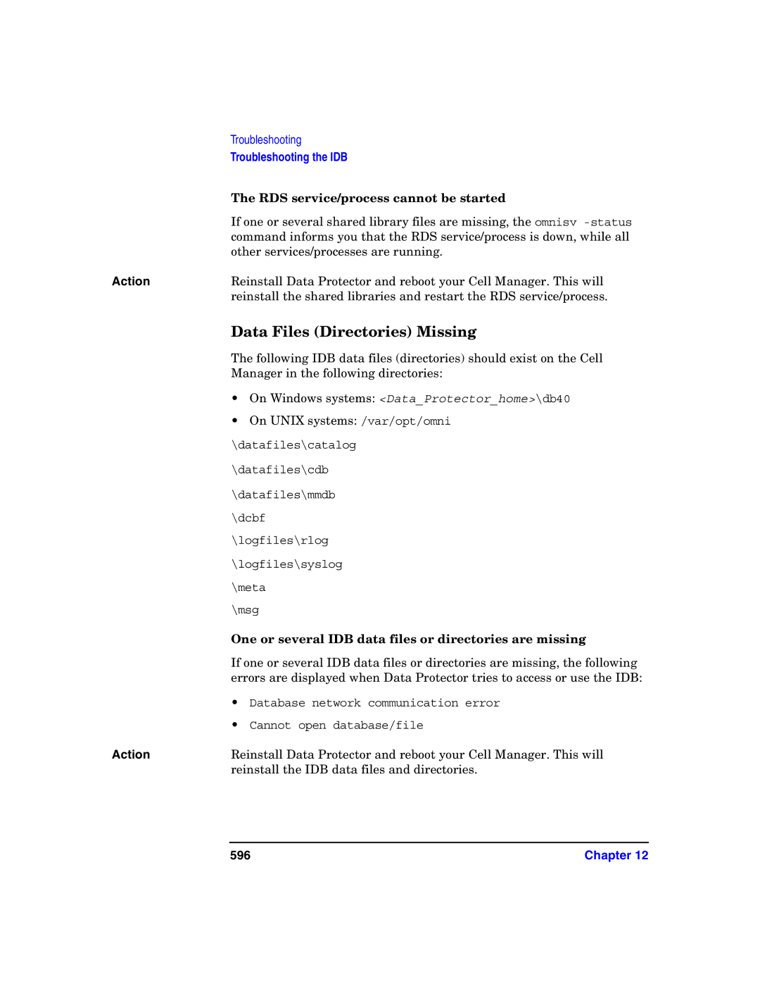 HP B6960-90078 manual Data Files Directories Missing, RDS service/process cannot be started, 596 