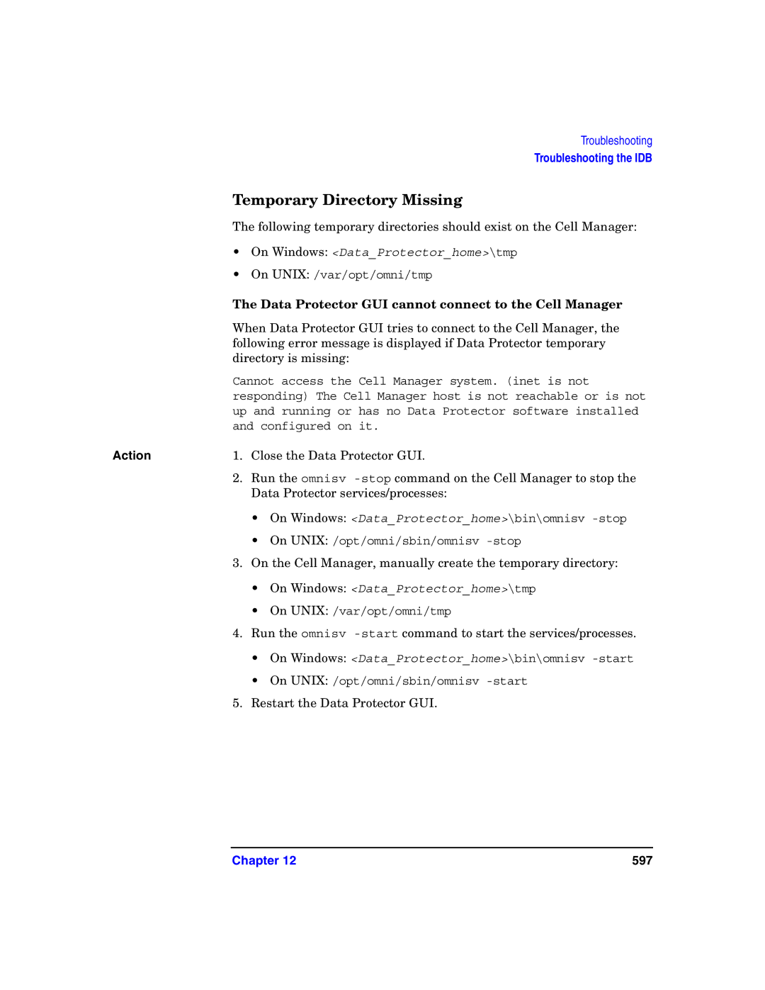 HP B6960-90078 manual Temporary Directory Missing, Data Protector GUI cannot connect to the Cell Manager 