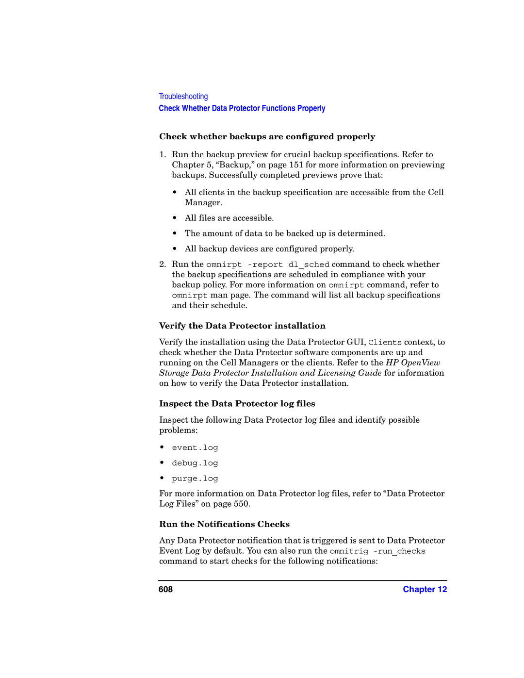 HP B6960-90078 manual Check whether backups are configured properly, Verify the Data Protector installation, 608 