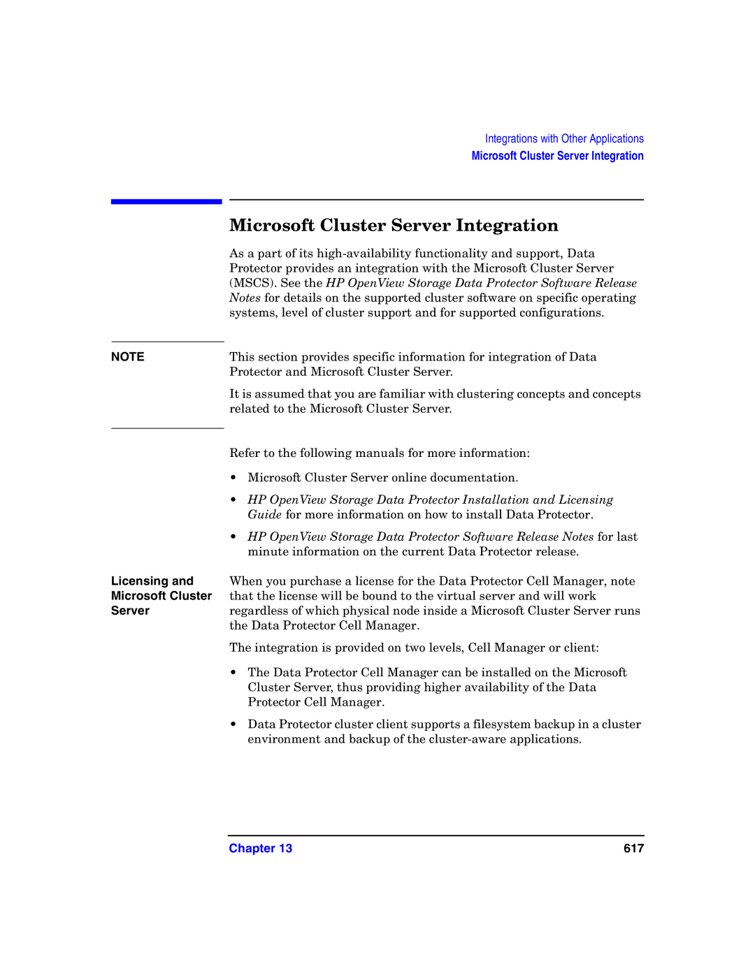 HP B6960-90078 manual Microsoft Cluster Server Integration, Licensing Microsoft Cluster Server 