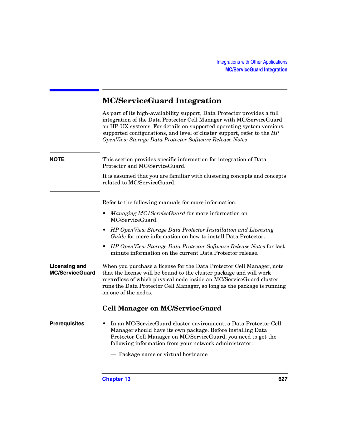 HP B6960-90078 manual MC/ServiceGuard Integration, Cell Manager on MC/ServiceGuard, Licensing and MC/ServiceGuard 