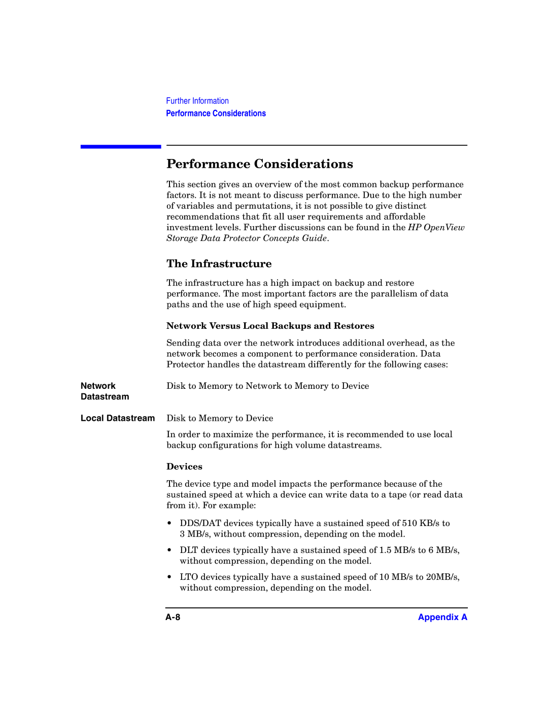 HP B6960-90078 manual Performance Considerations, Infrastructure, Network, Datastream Local Datastream 