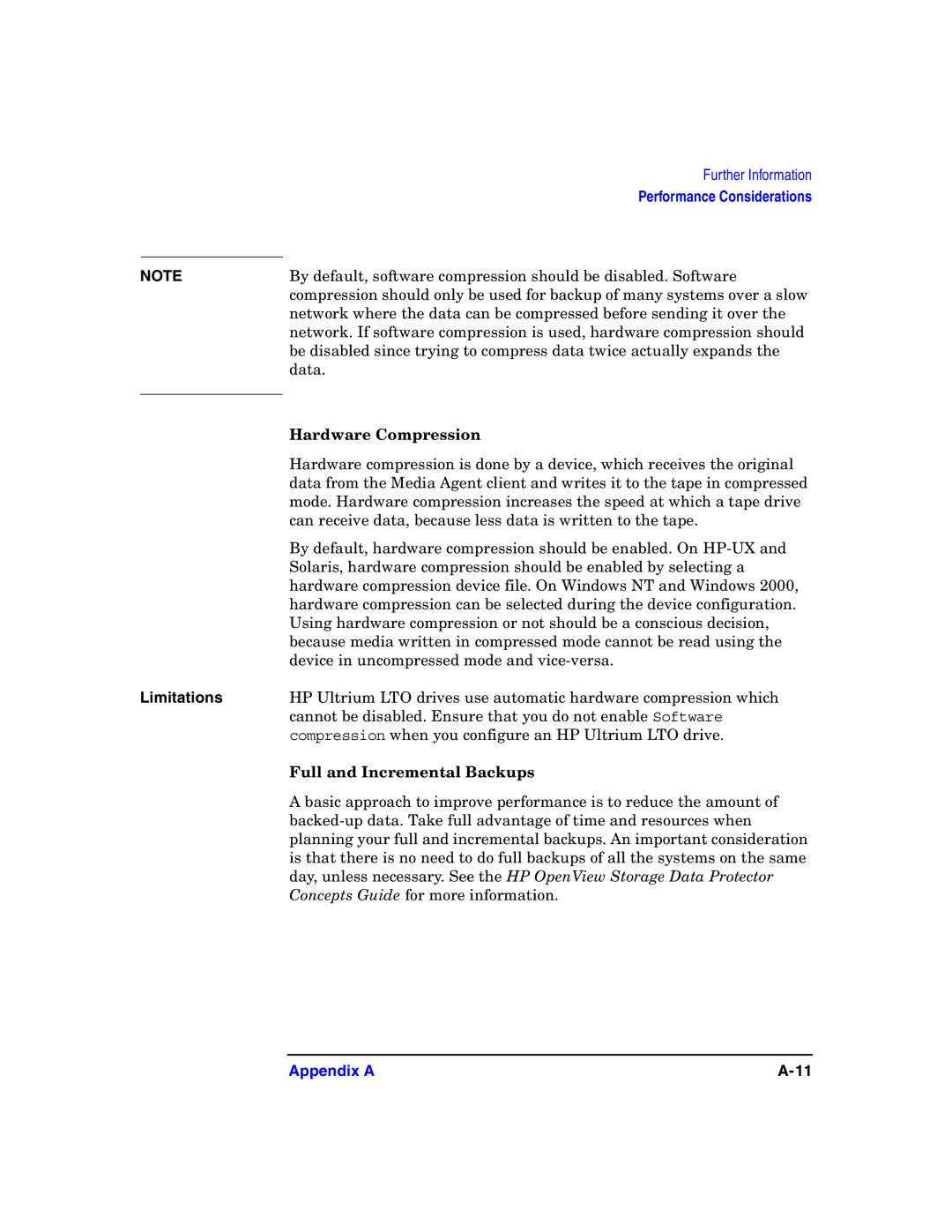 HP B6960-90078 manual Hardware Compression, Full and Incremental Backups 