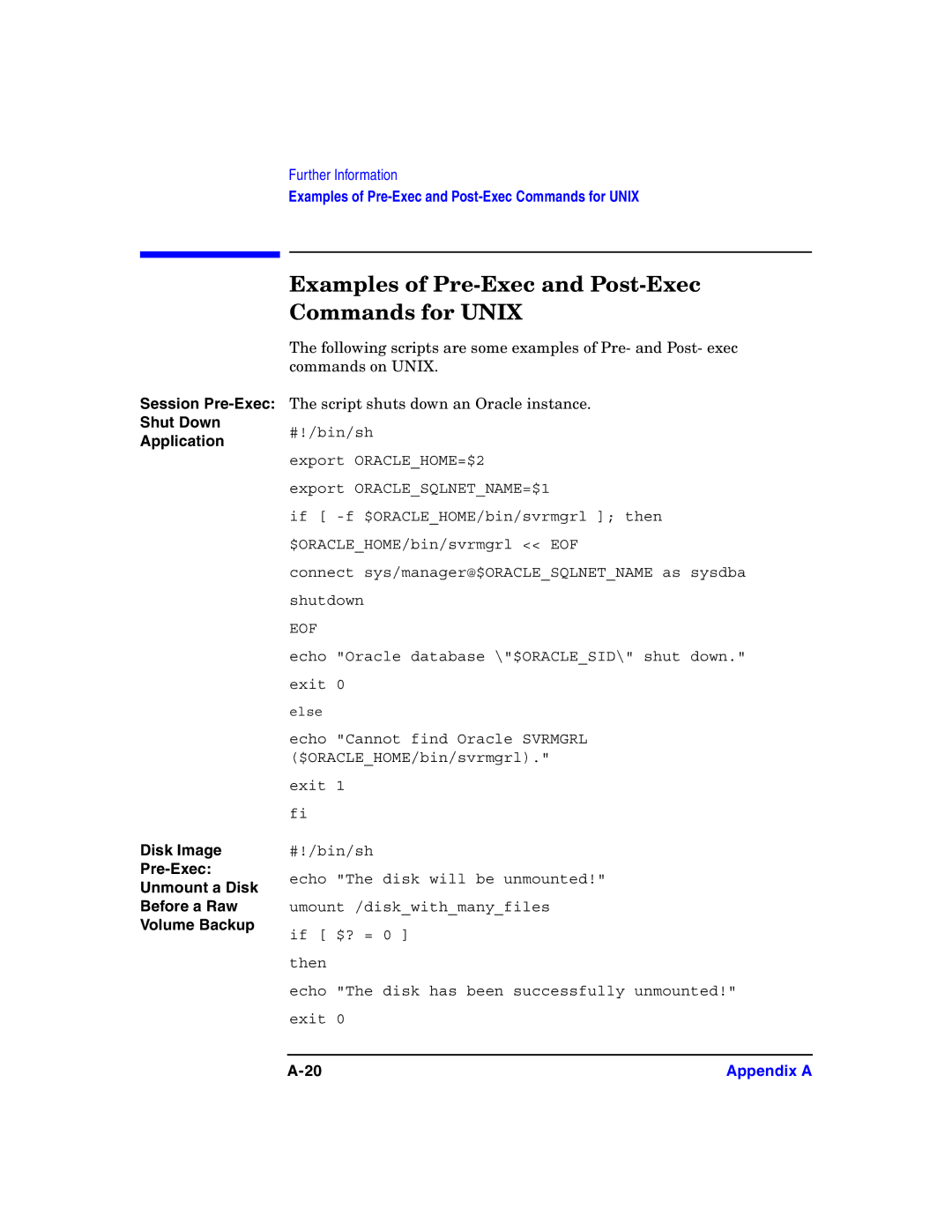 HP B6960-90078 manual Examples of Pre-Exec and Post-Exec Commands for Unix, Session Pre-Exec Shut Down Application 