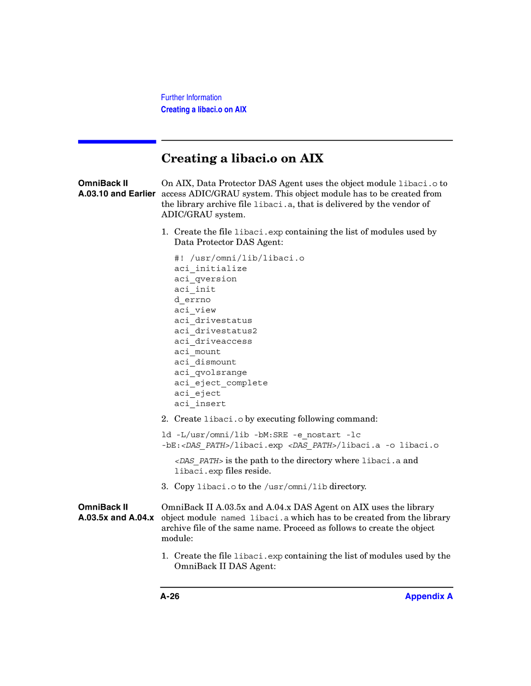 HP B6960-90078 manual Creating a libaci.o on AIX, OmniBack, 03.5x and A.04.x 