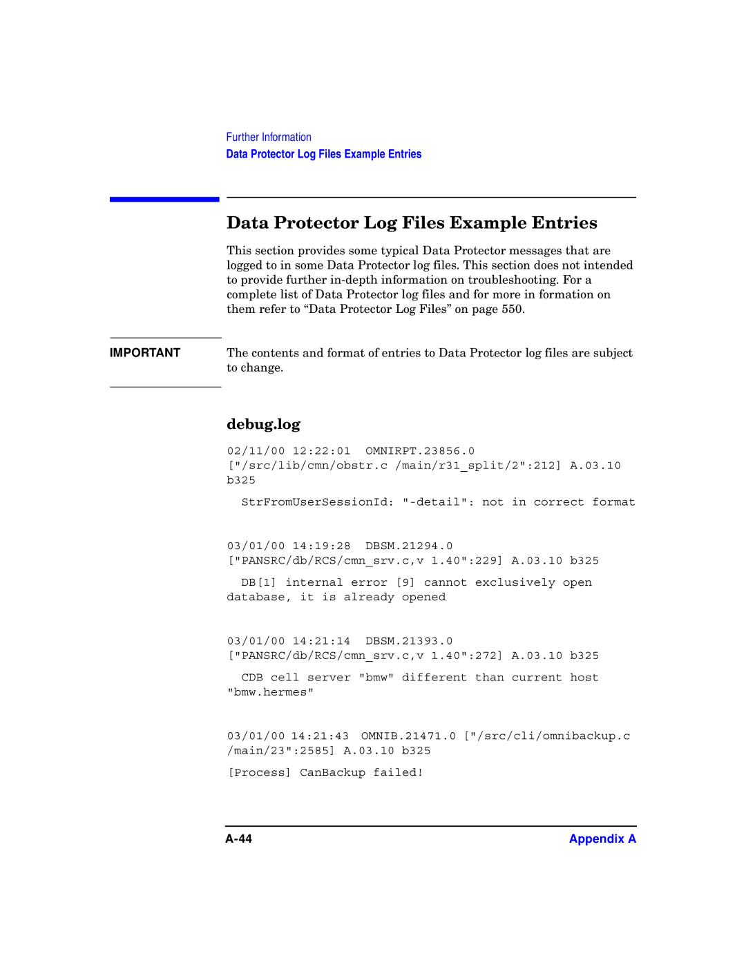 HP B6960-90078 manual Data Protector Log Files Example Entries, Debug.log 