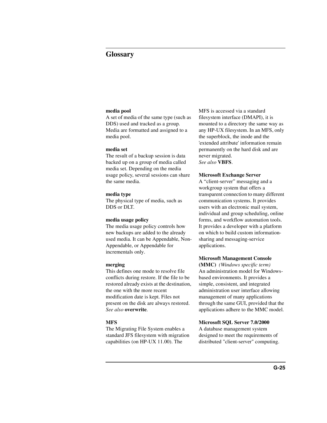 HP B6960-90078 Media set, Media type, Media usage policy, Merging, Microsoft Exchange Server, Microsoft Management Console 