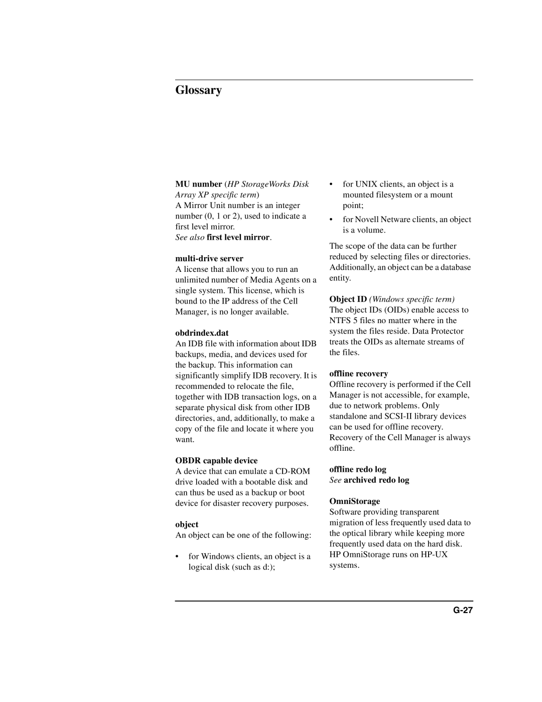 HP B6960-90078 manual See also first level mirror Multi-drive server, Obdrindex.dat, Obdr capable device, Object 