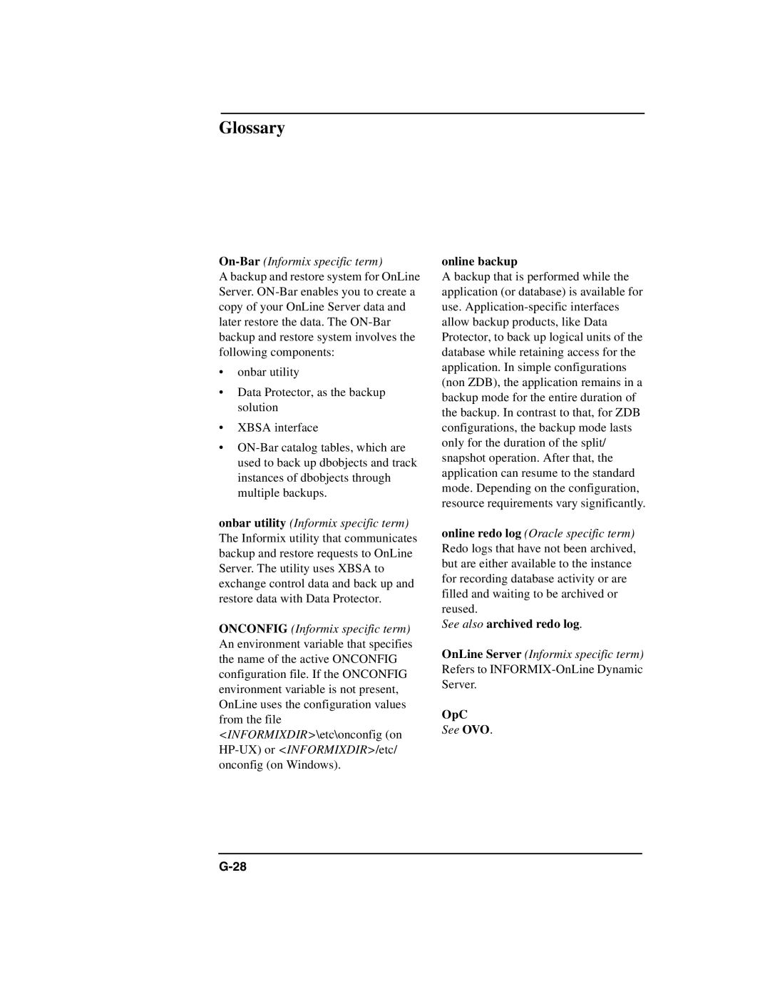 HP B6960-90078 manual On-BarInformix specific term, Online backup, See also archived redo log, OpC 
