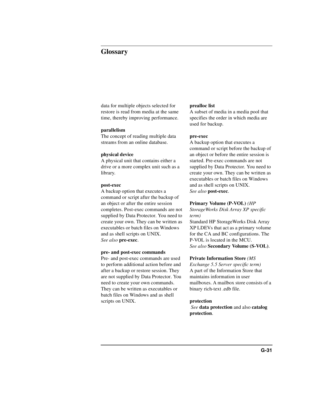 HP B6960-90078 manual Parallelism, Physical device, See also pre-exec, Pre- and post-exec commands, See also post-exec 