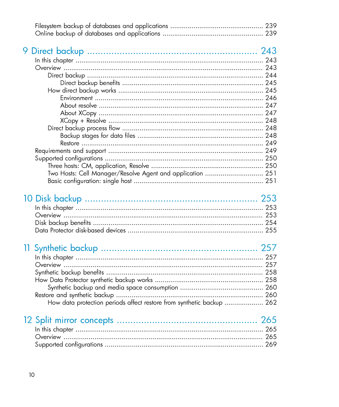HP B6960-96035 manual Direct backup 243, Disk backup 253, Synthetic backup 257, Split mirror concepts 265 