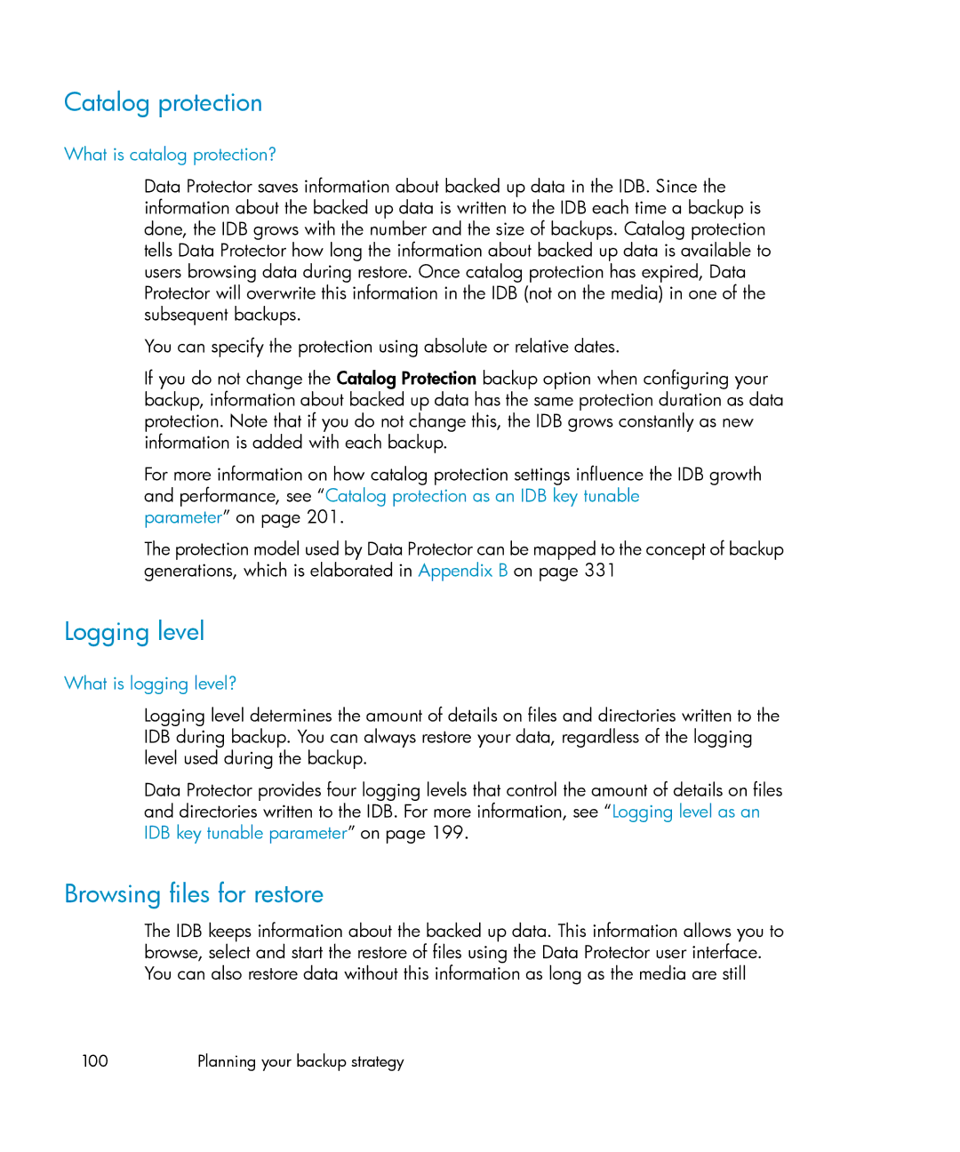 HP B6960-96035 manual Catalog protection, Logging level, Browsing files for restore, What is catalog protection? 