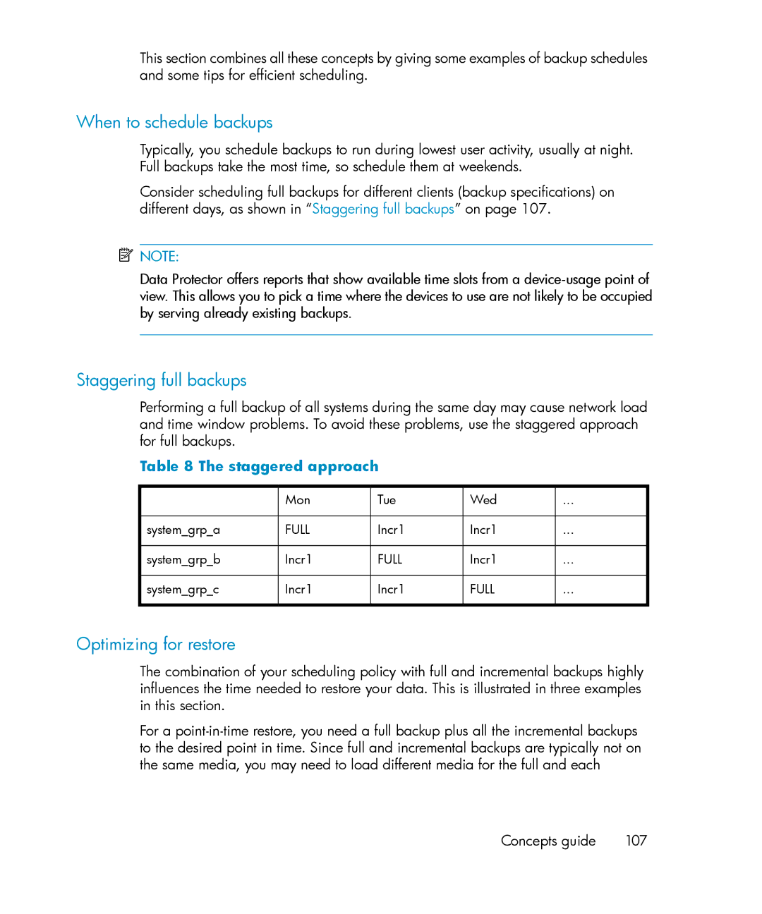 HP B6960-96035 manual When to schedule backups, Staggering full backups, Optimizing for restore, Staggered approach 