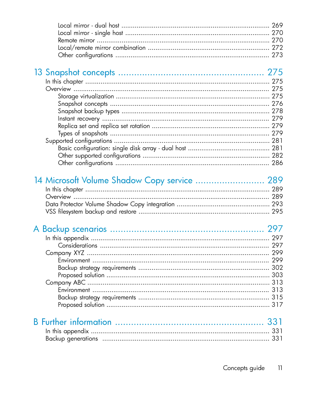 HP B6960-96035 manual Snapshot concepts 275, Microsoft Volume Shadow Copy service 289, Backup scenarios 297 