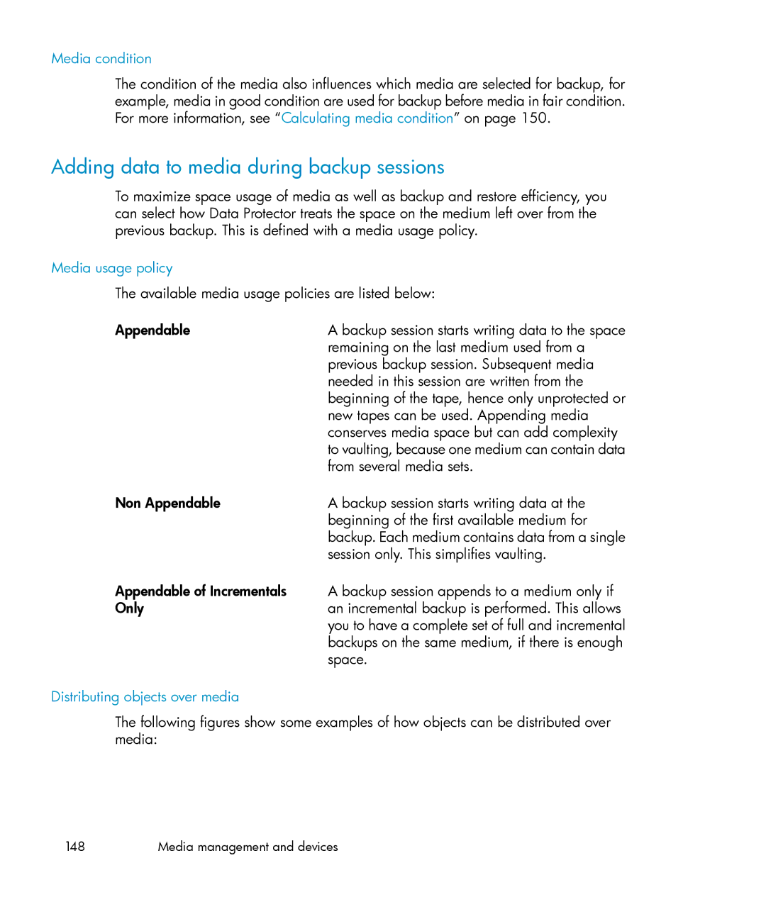 HP B6960-96035 manual Adding data to media during backup sessions, Media condition, Media usage policy 